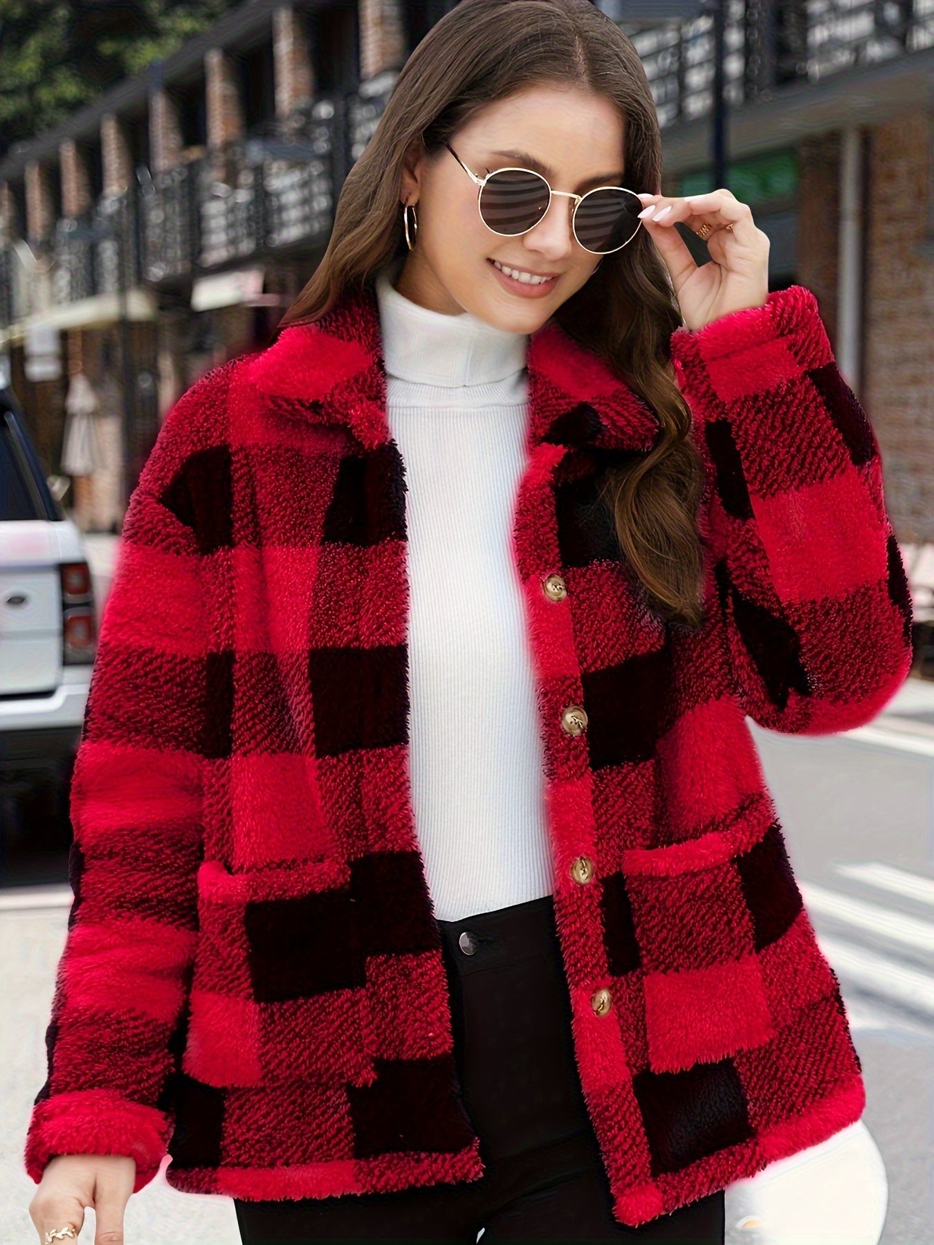 Schwarze Kariert-Teddy-Jacke mit Taschen - Mila