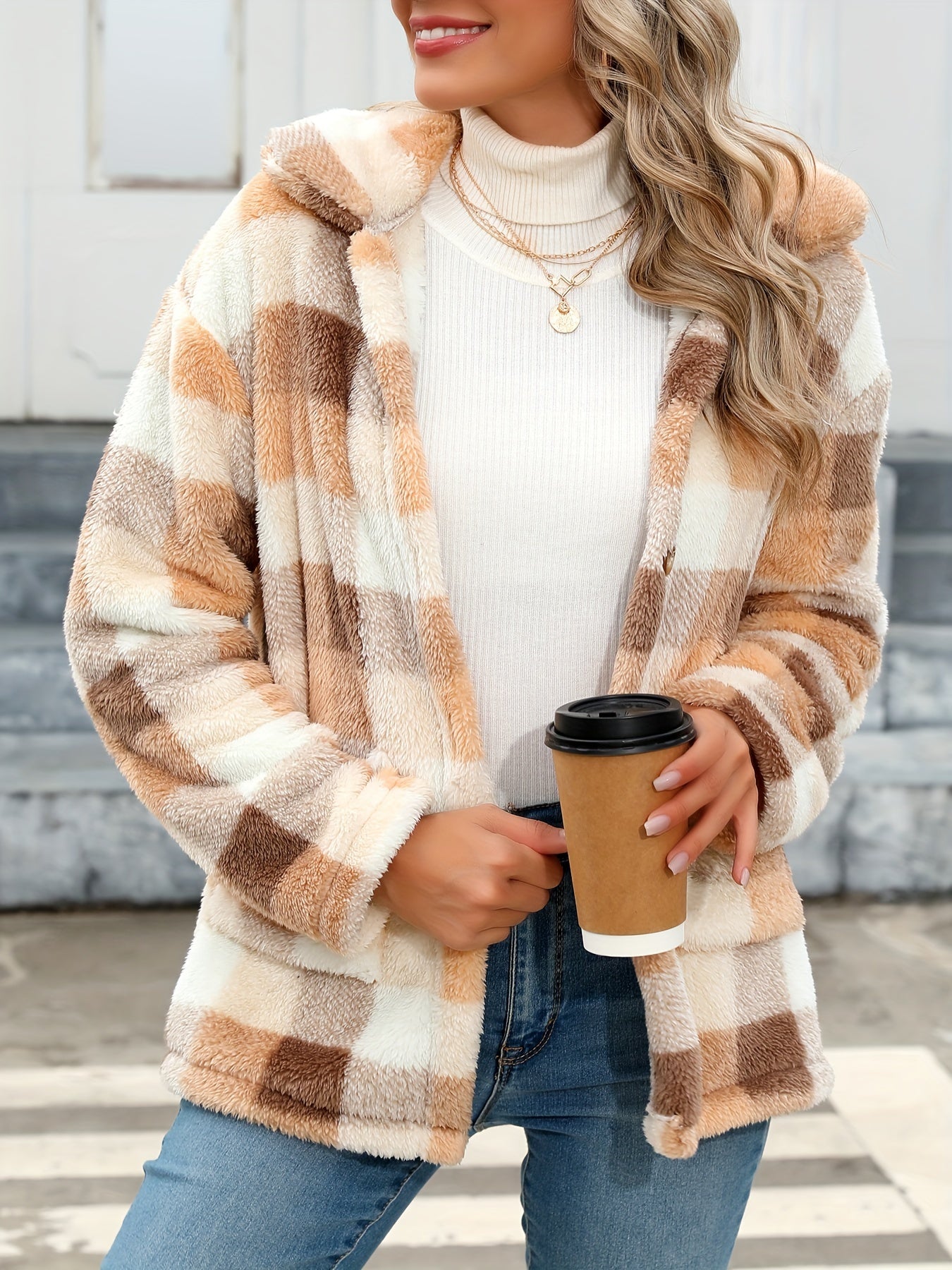 Schwarze Kariert-Teddy-Jacke mit Taschen - Mila